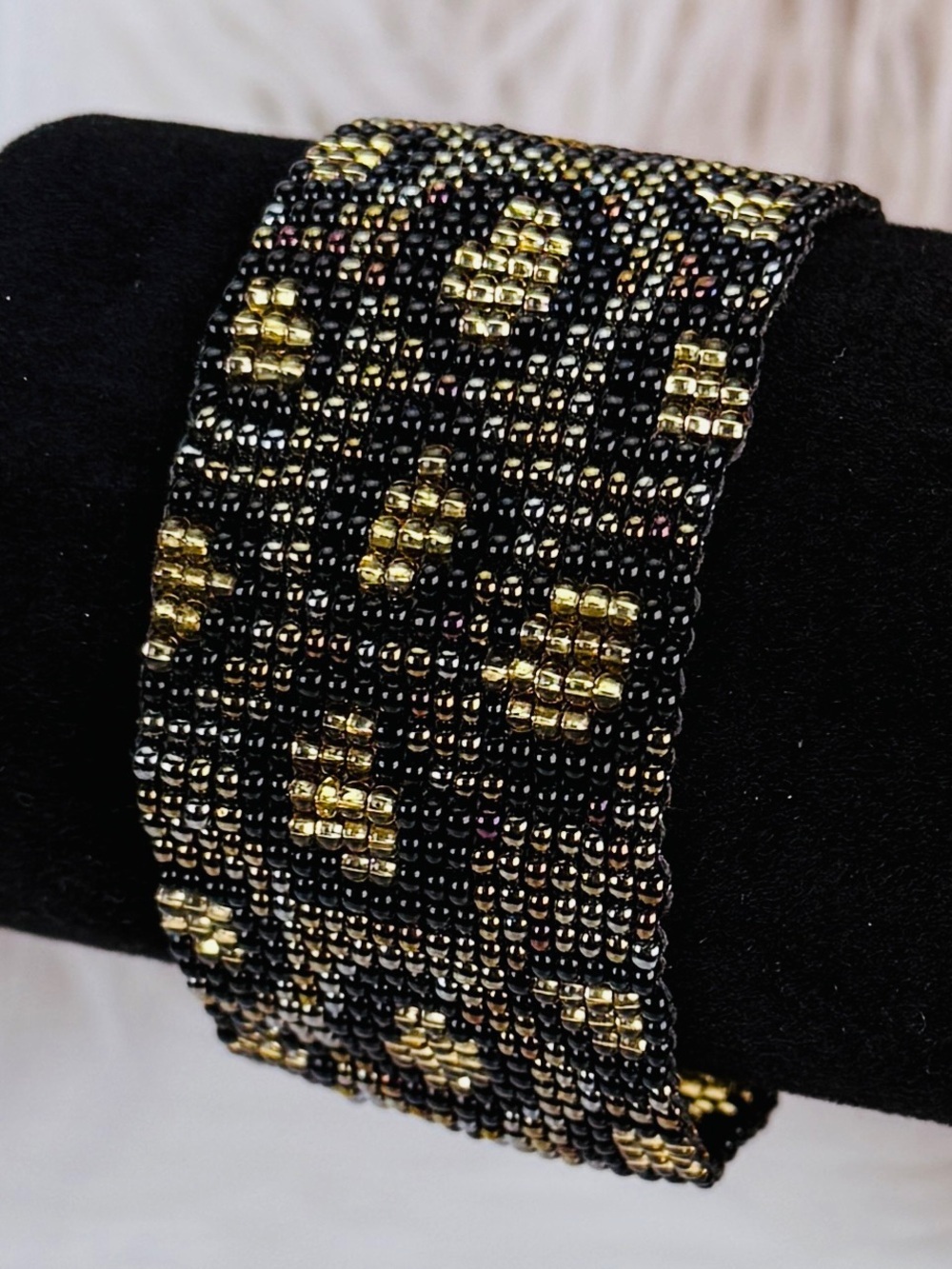 Bohemian chic Beaded Cuff Bracelet in Black and Goldtone magnetic closure